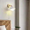 Wall Lamp Bedside Warm Cream Style Ceramic Light With Pull Switch For Bedroom Hallway Modern Stair E27 LED White Lampshade