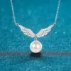 10 mm makellose Perlenkette mit Engelsflügeln, Moissanit-S-Sterlingsilber-Schlüsselbeinkette für Damen