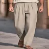 Calças masculinas Samlona 2023 Homens Casual Linho Reto Sólido Khaki Branco Stand Bolso Calças Plus Size Mens Elegante Moda Sweatpants