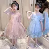 Flickaklänningar 2023 Summer Girls 'Dress Medium och Big Children Princess Lace Western Style Delonix Regia Tartan kjol