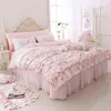 100% bomullsblommor tryckt prinsessor sängkläder set tvilling king queen size rosa flickor spetsar ruffle täcke täcke bäddar utflyttad säng kjol set t2190e