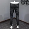 Мужские джинсы Уличная мода Мужские ретро черные серые эластичные узкие брюки с рваными бисером Дизайнерские брендовые брюки в стиле хип-хоп