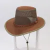 Cappelli a tesa larga Secchiello Estate Uomo Cowboy Stile casual Pelle scamosciata Traspirante Etichettatura Decorazione Grande Parasole Viaggi all'aperto Cappellini freddi 230421