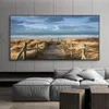 Praia paisagem pintura em tela decorações interiores ponte de madeira arte da parede fotos para sala estar decoração casa mar pôr do sol prints211d