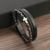 Braccialetti con ciondoli Elegante decorazione a croce Bracciale in pelle fatto a mano multistrato per uomo Punk Hiphop Occhio di tigre Perline di pietra Regalo