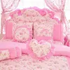 Korean style pink Lace bedspread bedding set king queen 4pcs princess duvet cover bed skirts bedclothes cotton home textile 201114330F