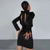 Casual Kleider Satin Kleid Herbst Winter Elegant Für Frauen 2023 Sexy Backless Tie-Up Bow High Neck Hip Wrap Bürodame Party