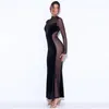 Casual Dresses Zabrina Bodycon Black Evening Robe Sexy See Through Mesh Velvet Ins Maxi Elegant Dress Party Long Sleeve 2023 Autumn