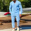 Survêtements pour hommes Sky Blue Black Automne Hiver Costumes Chemises en lin à manches longues Pantalons Deux pièces Ensemble Couleur Solide Tendance Mode Hommes Vêtements