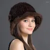 Berets ciepłe norek wiadra czapki panie futrzane zimowe włosy księżniczka tkana moda puszysta swobodna solidna kapelusz z kwiatem kobiety