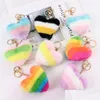 Heart Rainbow Keychain Party Supplies Plush Balls Key Chains Decorative Pendant For Women Bag Keychains Accessories Car Keyring Drop D Dhxf1