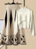 Robes de travail hiver chaud tricots deux pièces ensemble pour femmes tenue coréenne hors de l'épaule pull tricoté taille haute jupe patchwork 2023