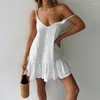 Robes décontractées Robe 2023 Spaghetti Strap Off Épaule Femmes Été Blanc Shift Volant Sexy Sundress Mini Coton Lin Robes