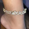 Tornozeleira gelada com borboleta, pulseira de cristal com strass, hip hop, corrente cubana, para mulheres, boho, praia, joias para pés, vintage person243n