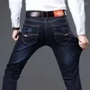 Jeans masculinos 2023 calça elástica reta clássico casual desgaste meados de cintura calças azul preto cor tamanho 38