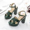サマーハイ女性CMサンダルクロスヒールピープトープラットフォーム靴レディースデザイナーグリーンクロコダイルパターンシューズサイズサンダルS 954