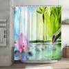 Shower Curtains Green Bamboo Zen Stone Lotus Flowing Water Landscape Curtain Home Bathroom Decoration Set with Hooks 230422