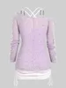 Camisetas femininas Rosegal Plus Size Outono Camisetas Branco Cinched Chains Crisscross Top e Apliques Roxos Lace Texturizado Sweater