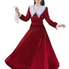 カジュアルドレスfluelen hepburn maxi jurk peter kraag vintage kantwok lange mouwen elastische taille elegante vrouwelijkeドレス