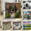 Shower Curtains Chinese Style Vintage Wood Board Garden Building Green Plant Bamboo Pattern Bathroom Decor Polyester Set 230422