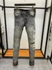 Herenjeans Collectie Blauw Slim Fit Streewear Mode Graffiti Distress Skinny Stretch Paited Printing Ribben Patchwork Gescheurd