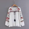 Kadınlar bluz gömlekleri bahar sonbahar moda etnik v boyun viskoz çiçek nakış bluz kadınlar uzun kollu kazak üstleri 230421