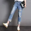 Jeans da donna 2023 pantaloni strappati in denim da donna pantaloni larghi Femme Corea gamba larga buco dritto fidanzato streetwear