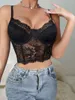 Canotte da donna Top sexy slim con scollo a V Bustier Crop Corsetto estivo Mini skinny Sling Vest Nero senza maniche Backless Lace floreale