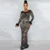 Casual Dresses Sparkly Rhinestone Sheer Mesh Sexy Dress Women Leather Partchwork Long Sleeve Party Club See Through Maxi Bodycon