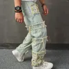 Jeans pour hommes élégant Kpop déchiré patché pantalon coupe ample mâle décontracté pantalon en denim droit