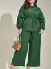 Женские брюки из двух предметов, 2023, женский костюм-рубашка, комплект плюс размер 2, однотонная блузка с длинными рукавами, свободная широкая эластичная талия, женская