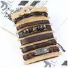 Bracelets de charme Feuille Bracelets en cuir véritable Bracelets Ensembles Brown Mtilayer Perles Wrap Manchette Simple Vintage Rétro DIY Femmes Star Charm J Dhhtd