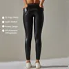 Active Pants Women Pockets Yoga Solid Color Pu Fabric High midje Gym Leggings Slim Fit Super Stretch Workout Tights Running Sportwear