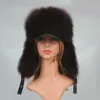 Trapper Hats Genuine Silver Fox Fur Hat with Ear Flaps Real Natural Caps for Russian Women Bomber Cap Leather Top 231122