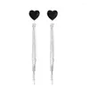 Orecchini a bottone da donna in argento sterling con cuore nero smaltato con nappa lunga, gioielli di moda, regalo per coppie