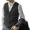 Mäns västar Herringbone Vest Black Wool Blend Elegant ärmlös V-Neck-knapp Slim Fit Waistcoat för bröllopsmän