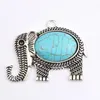 Charms 4pcs Silver Color 48x38mm Retro Ethnic Elephant Blue Turquoises Animal Pendant Finding Necklaces Choke Jewelry