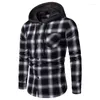 Men's Casual Shirts Mens Plaid Hooded Shirt Long Sleeve Button Down Fleece Hoodie