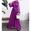 Etniska kläder Yzz Muslimsk kvinna klänning Mellanöstern Dubai Abaya Lantern Sleeve Bright Silk Turkey Dresses 2023 Luxury Evening