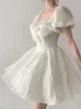 Sommer Mini Dresse Französisch Quadrat Kragen Perlen Prinzessin Bogen Kurzarm Kleid Frauen Elegante Party EINE linie Vintage Süße Vestidos