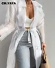 Women's Trench Coats CMYAYA Women Organza See Though Sunscreen Long Sleeve Summer Fashion Basic Double Breasted with Belt Tops 230421
