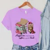 Camisetas femininas café rosa camisetas de manga curta roupas dos desenhos animados escadas topos livros verão casual moda feminina