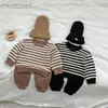 Conjuntos de roupas 2023 outono infantil crianças meninos manga completa listrado waffle top moletom calças de cor sólida criança bebê conjunto 2pcs 0-3y