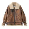 Women's Leather Winter Women Streetwear Faux Lamb Fur Long Jacket With Belt Moto Biker Thick Warm Sheepskin Coat Outwear Brown