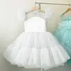 소녀의 드레스 4-10T 어린이 소녀 Enverant Dress For Evening Party Little Girl Dots Tulle Princess 가운 어린이 의류 파란색 웨딩 멍청이 230421
