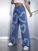 Women's Jeans Fashion Trousers Medium Wash High Waist Heart Print Wide Leg Jeans 231122