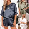 Women's Two Piece Pants Designer satin silk and short sleeved women's wear top loose with a row of buttons casual high waist