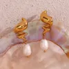 Boucles d'oreilles pendantes en forme de spirale, flamme, perle d'eau douce, goutte, plaqué or 18 carats, couleur argent, décoration en acier inoxydable 316L pour femmes
