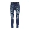 Calças de brim masculinas High Street Moda Homens Retro Azul Stretch Skinny Fit Rasgado Stripe Remendado Designer Hip Hop Marca Calças Hombre