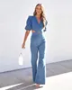 Kvinnors jumpsuits rompers kvinnor denim jumpsuit casual mode v nack puff kort ärm utskärning med fickor streetwear lösa breda ben jeans 230422